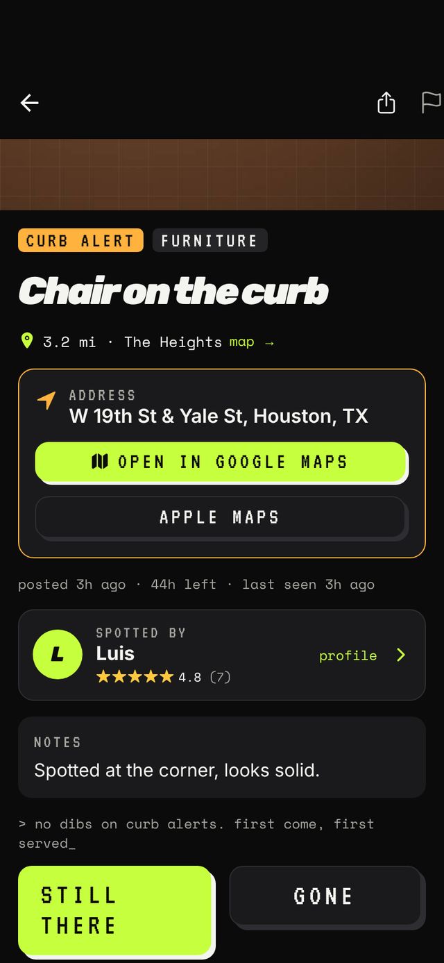 Curb Alert screen with address and a map button